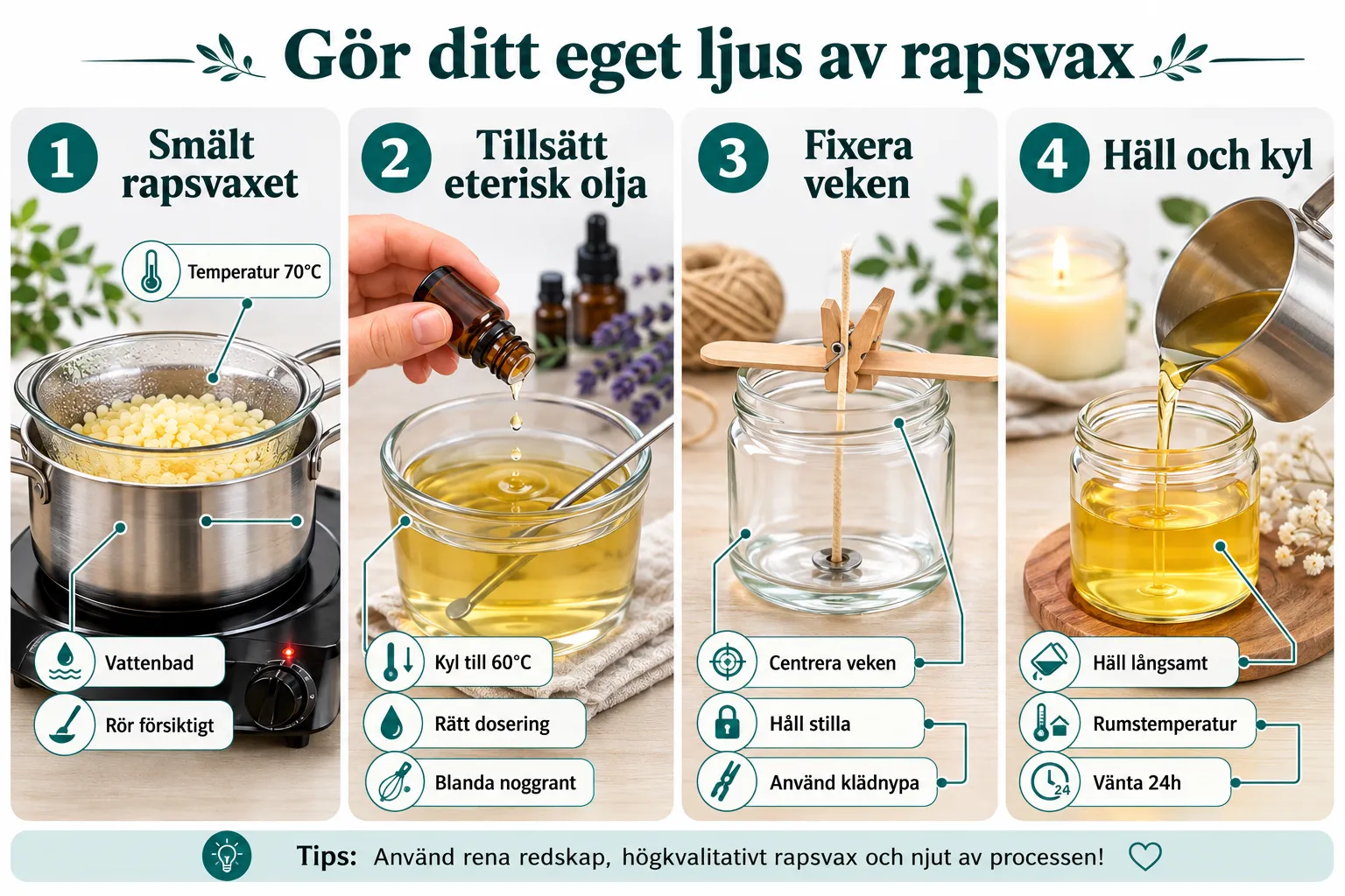 Hur gör man doftljus av rapsvax hemma, steg för steg