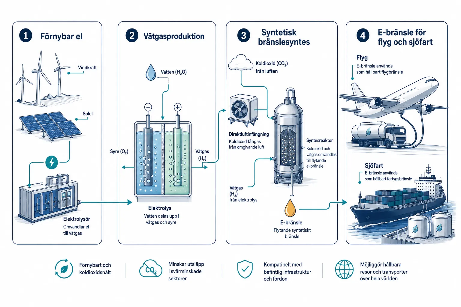 Elektrobränslen (e-fuels) inom flyg- och sjöfart: En realistisk väg till nollutsläpp? 1 Vad är e-fuels och hur fungerar de i flyg och sjöfart?